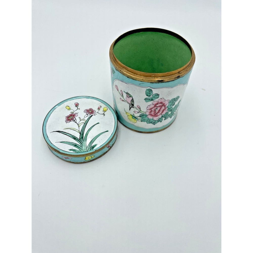 Antique Chinese Canton Enamel Round Lidded Tea Caddy Hand-Painted Birds Flowers - Picture 5 of 13